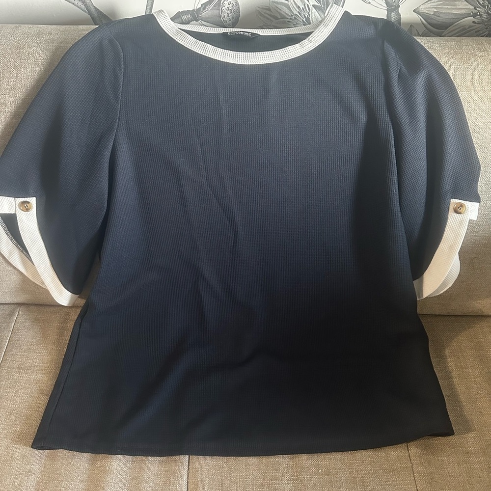 BloomChic Navy Blouse with White Trim